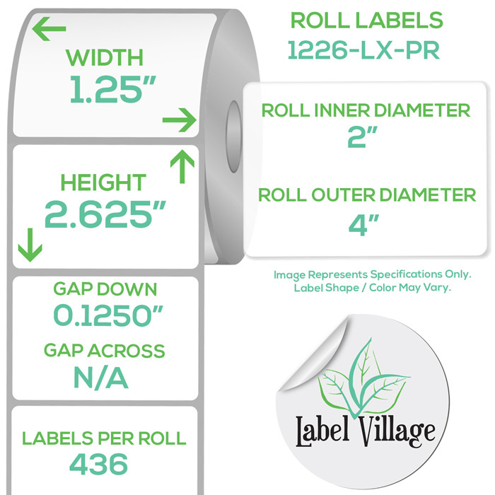1.25" x 2.625" Rectangle Premium Matte White Roll Labels on a 2" Core