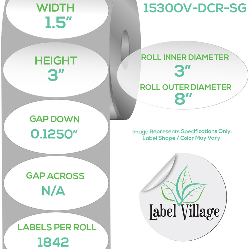 1.50" x 3.00" Oval SemiGloss White Roll Labels on a 3" Core With Double Capacity